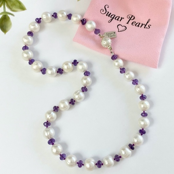 Sugar Pearls Jewelry - Freshwater Pearl & Amethyst Necklace/Hand Knotted